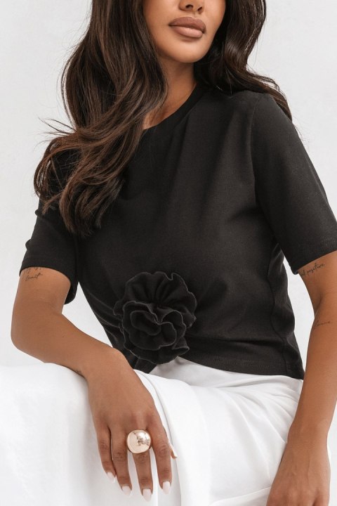 Czarny t-shirt ELVIE z marszczeniem i różą BAWEŁNA RÓŻNE KOLORY