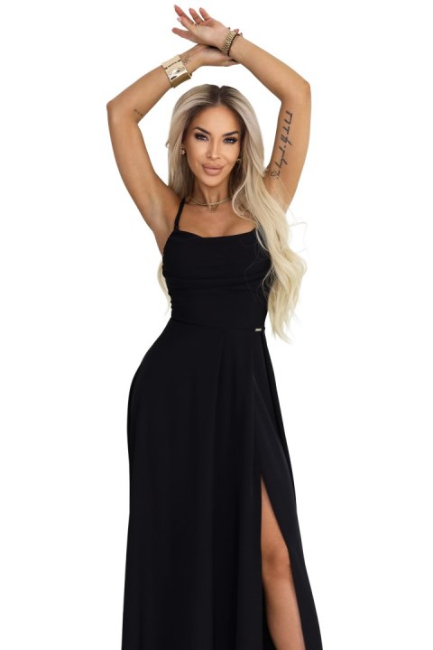 589-5 Sukienka maxi na ramiączkach z gorsetowym wiązaniem na plecach i rozcięciem - czarna