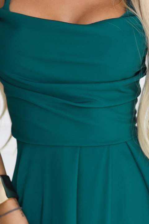 589-6 Sukienka maxi na ramiączkach z gorsetowym wiązaniem na plecach i rozcięciem - zieleń butelkowa