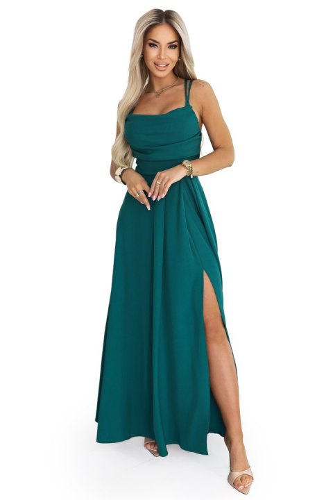 589-6 Sukienka maxi na ramiączkach z gorsetowym wiązaniem na plecach i rozcięciem - zieleń butelkowa