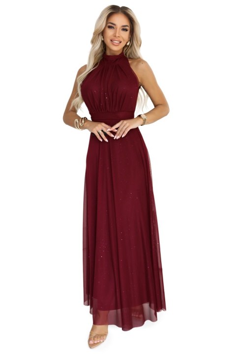 636-1 VERONICA luksusowa długa suknia z brokatowym akcentem i szykowną linią - bordowa